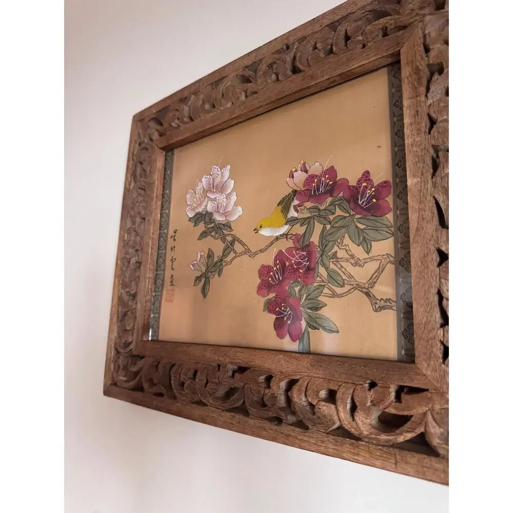 Vintage Pair Asian Silk Bird Floral Paintings, Carved Wood Framed Botanicals